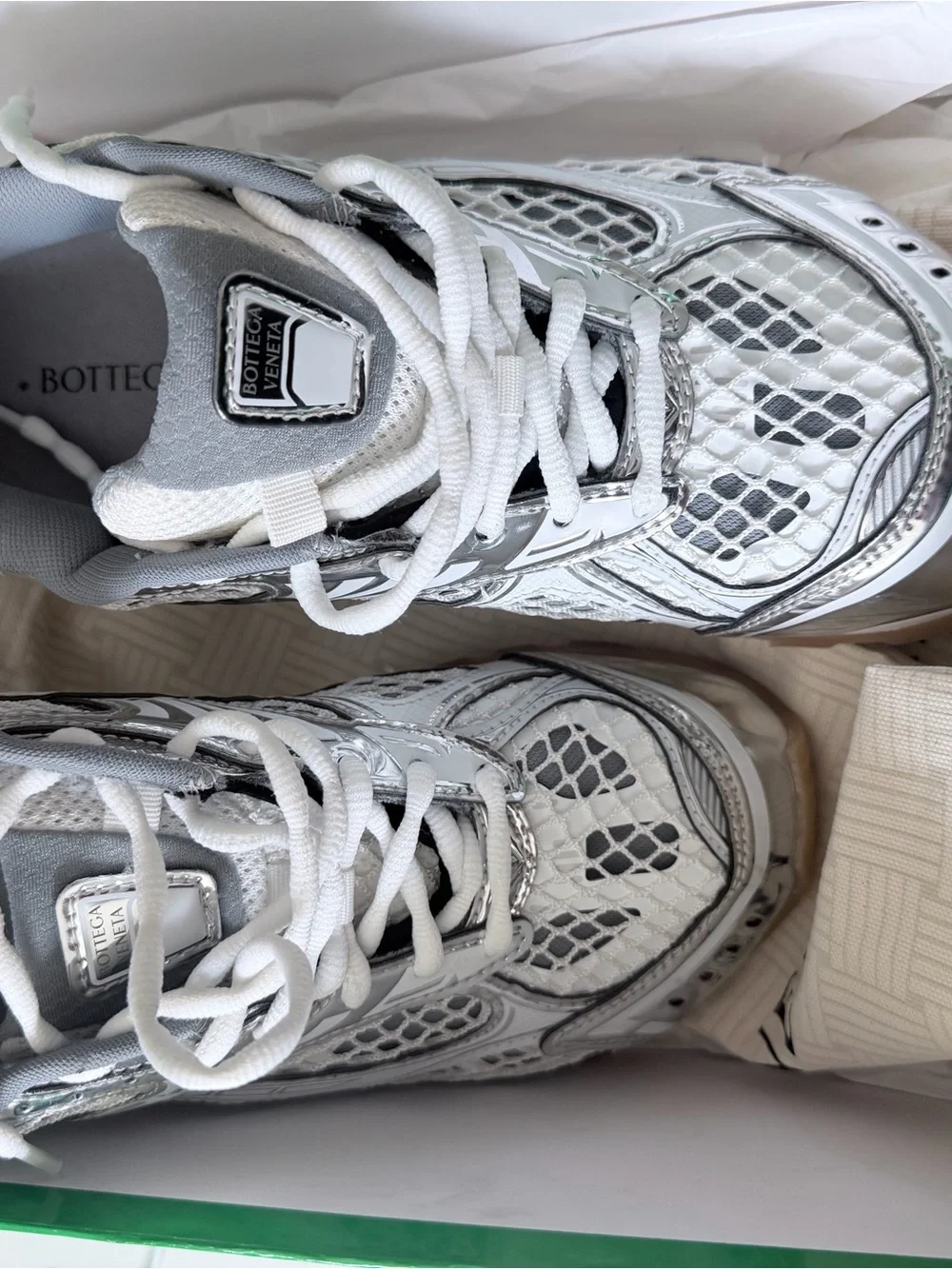 Bottega Veneta Silver, White & Green Kids Sneakers